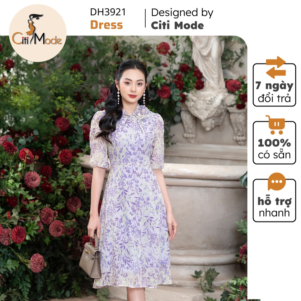 Đầm công sở CITI MODE FASHION thiết kế dáng xoè hoa nhí tím cổ nhún đính hoa DH3921