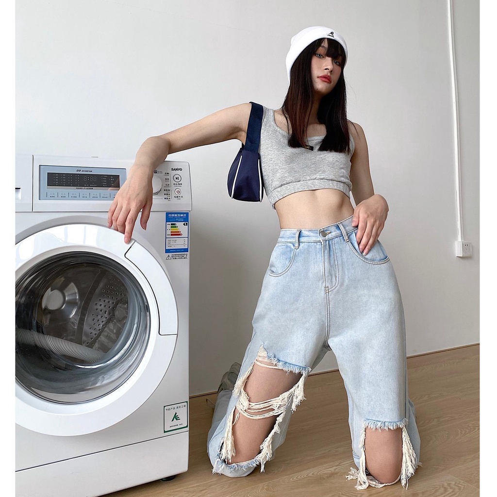 Jiashucheng Quần Jean Dài Lưng Cao Dáng Rộng Phối Rách Kiểu Retro Thời Trang Mùa Hè Cho Nữ