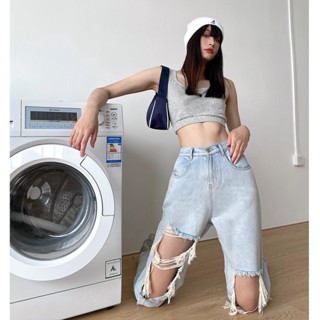 Jiashucheng Quần Jean Dài Lưng Cao Dáng Rộng Phối Rách Kiểu Retro Thời Trang Mùa Hè Cho Nữ