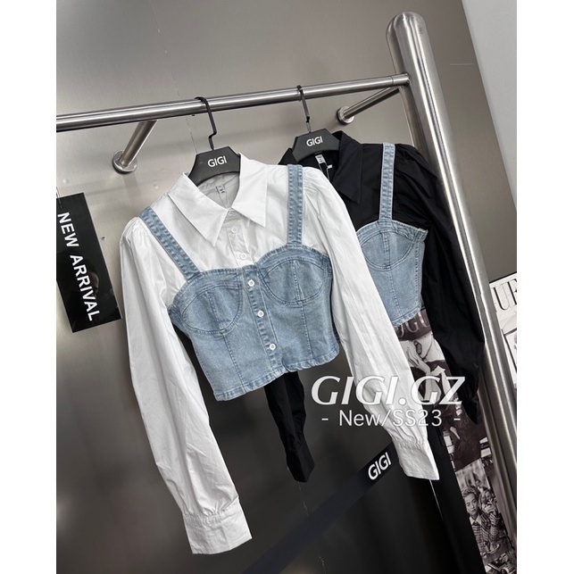 Áo sơ mi mix cúp ngực jeans hàng QC cao cấp
