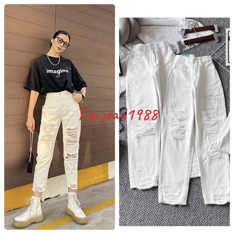 QUẦN BAGGY NỮ TRẮNG RÁCH NHIỀU, CHẤT JEANS MỀM TỪ TIQI.Jean1988