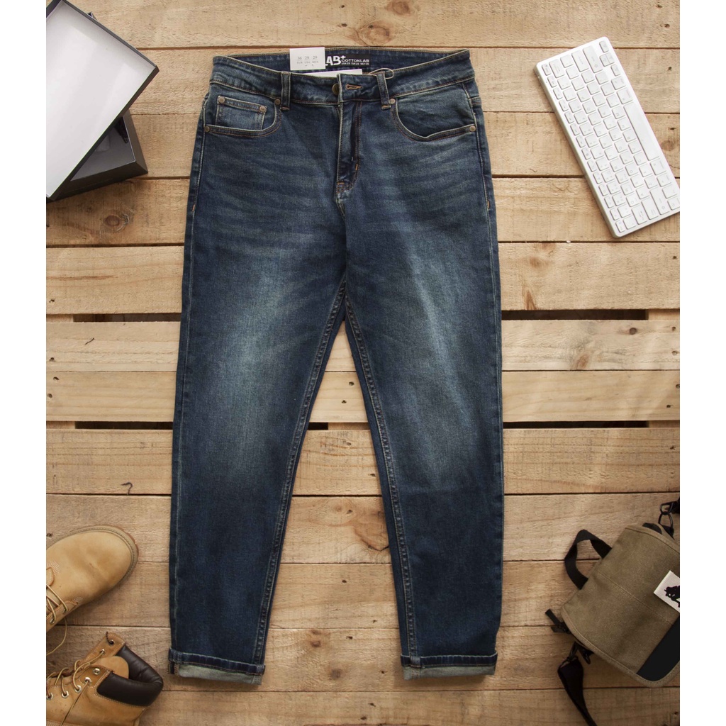 Quần jean nam LAB+ COTTONLAB màu xanh đậm, quần bò chất co dãn, from slimfit cao cấp LAB230201