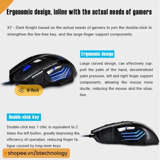 Chuột chơi game có dây Gaming mouse 7D RGB - đen, êm, bền, đẹp, đèn led nhiều màu sắc - BTech, B-Tech