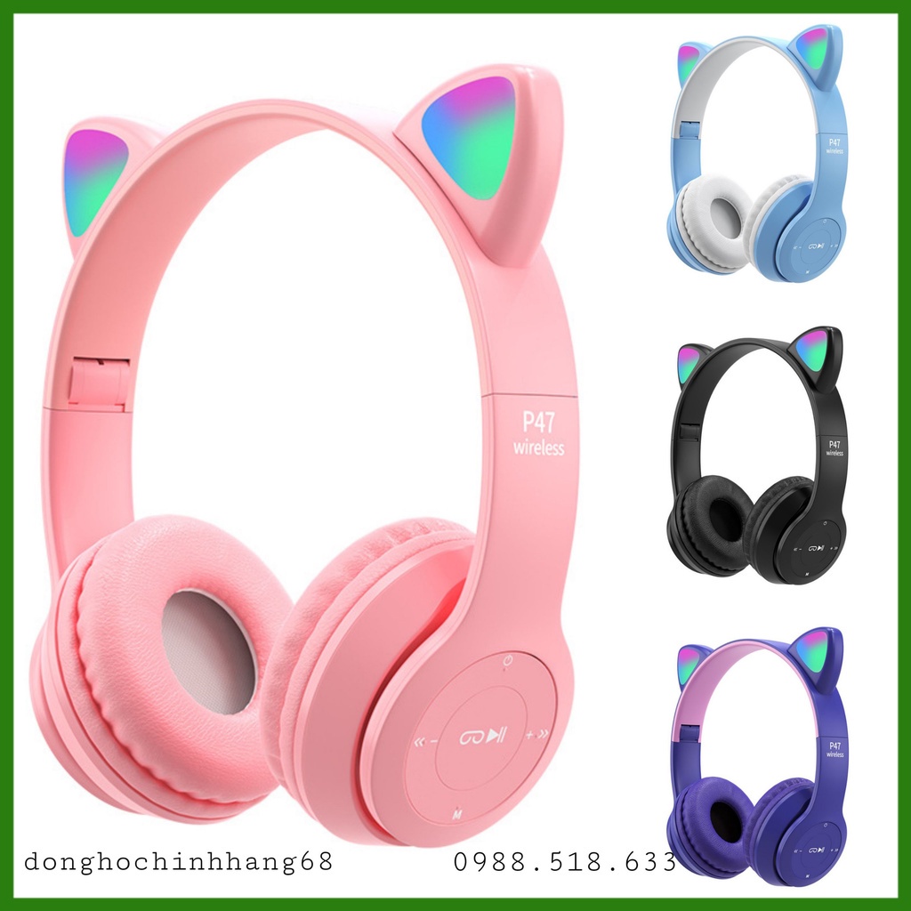 Tai Nghe Mèo Bluetooth P47M, Tai Mèo Dễ Thương Có Mic, Âm Bass Mạnh Mẽ Nghe Nhạc Cực Hay