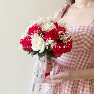 HOA CƯỚI CẦM TAY CÔ DÂU HOA HỒNG SÁP THƠM ĐIỂM HOA BABY KHÔ MÀU ĐỎ XU HƯỚNG CƯỚI 2023