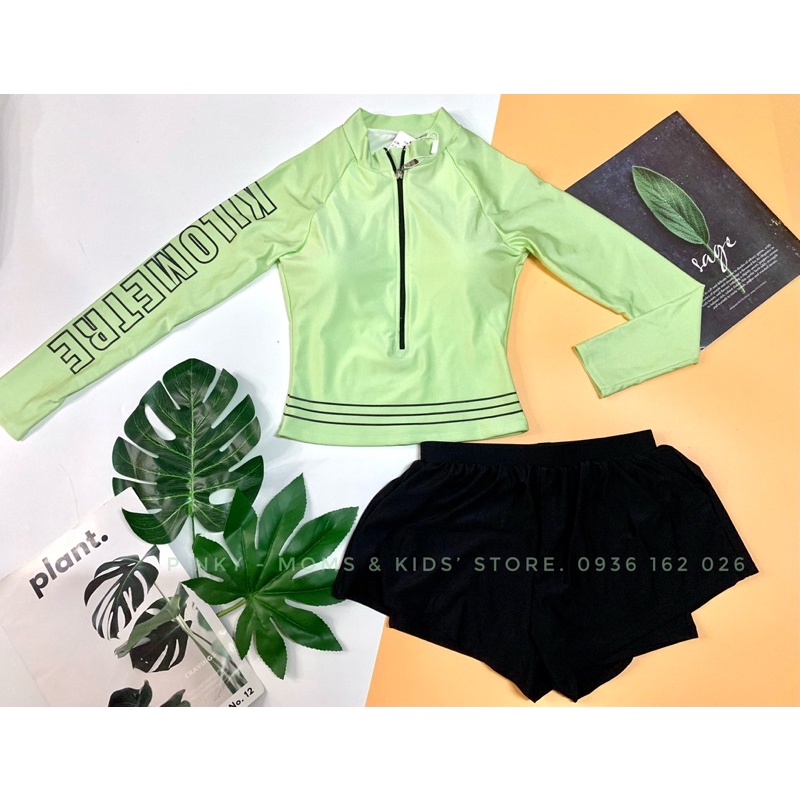 Đồ bơi nữ tay dài, áo tắm 2 mảnh kín đáo, chống nắng màu xanh