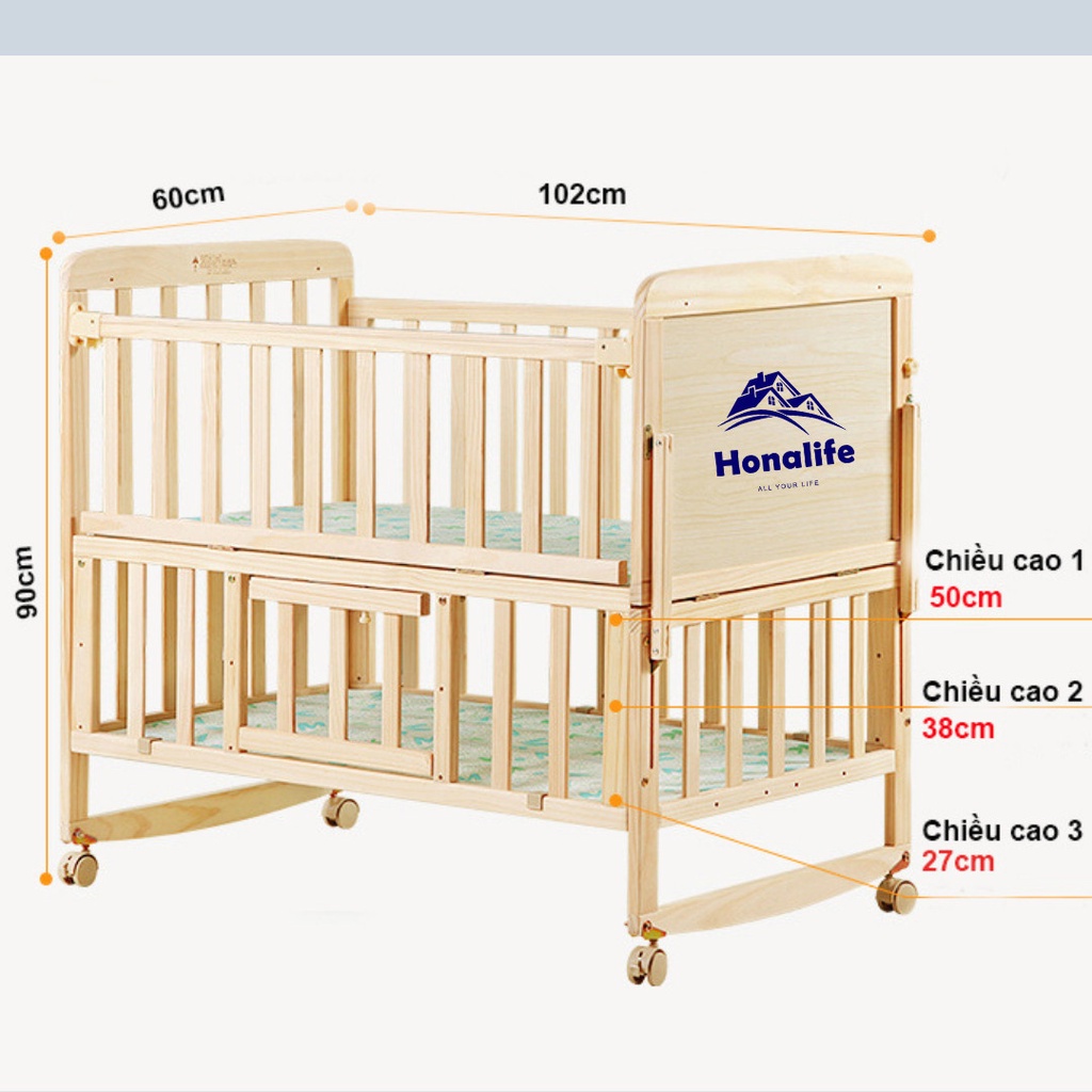 Cũi ngủ cho bé 2 tầng, nôi cũi cho bé đa năng chất liệu gỗ thông KT 105x60x90cm
