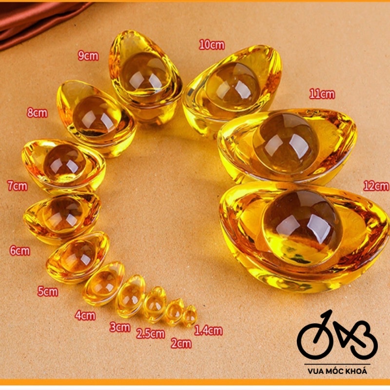Kim nguyên bảo bằng thuỷ tinh phong thuỷ nhiều size để trưng bày bàn thờ ông địa rước tài lộc