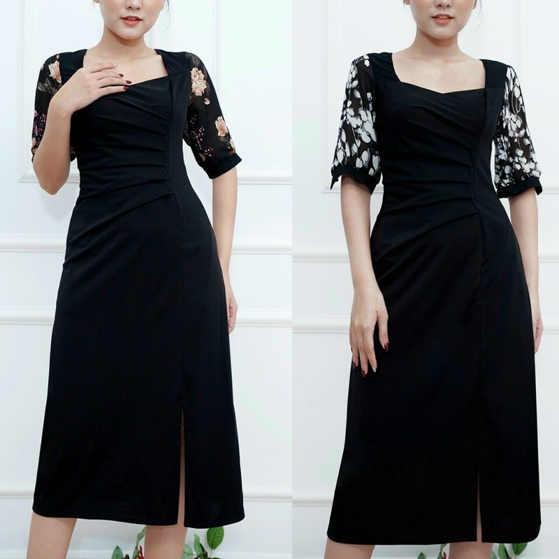 ĐẦM ÔM CỔ ĐẮP CỔ VUÔNG XẾP LY CÁCH ĐIỆU PHỐI VOAN HOA