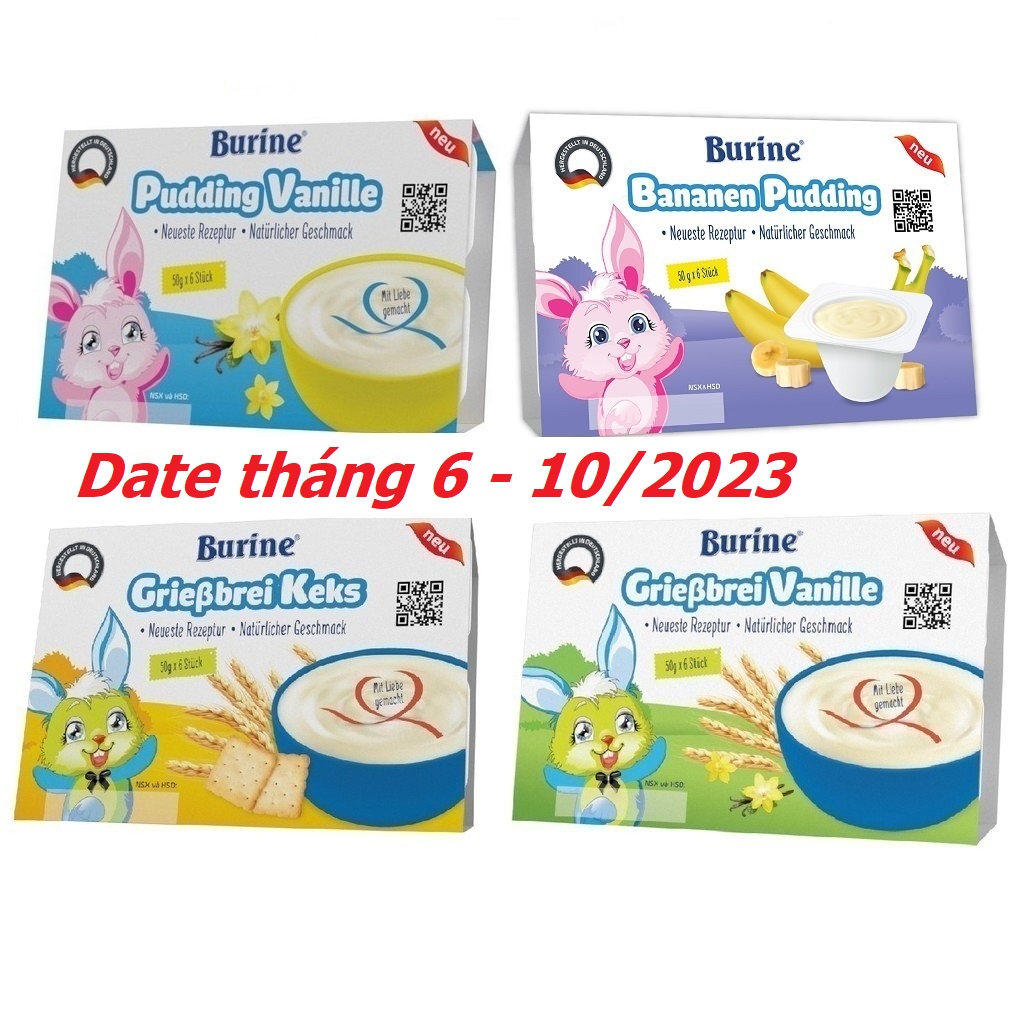 Cháo Sữa Burine Đủ Vị Pudding Vani, Pudding Chuối, Bích Quy, Vani Lốc 6 Hộp x 50g
