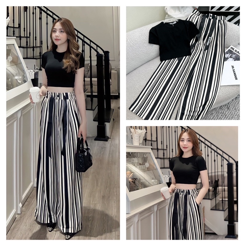 Sét Áo Thun Croptop Ngắn Tay Mix Quần Suông Dài Lưng Cao Ống Rộng Hoạ Tiết Kẻ Sọc