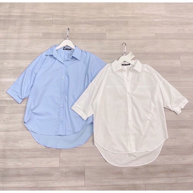 Áo sơ mi vạt tôm tay lỡ 2 màu