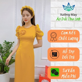 Áo dài truyền thống màu vàng lụa tây thi đính cúc cổ kết hoa ngực-lt04