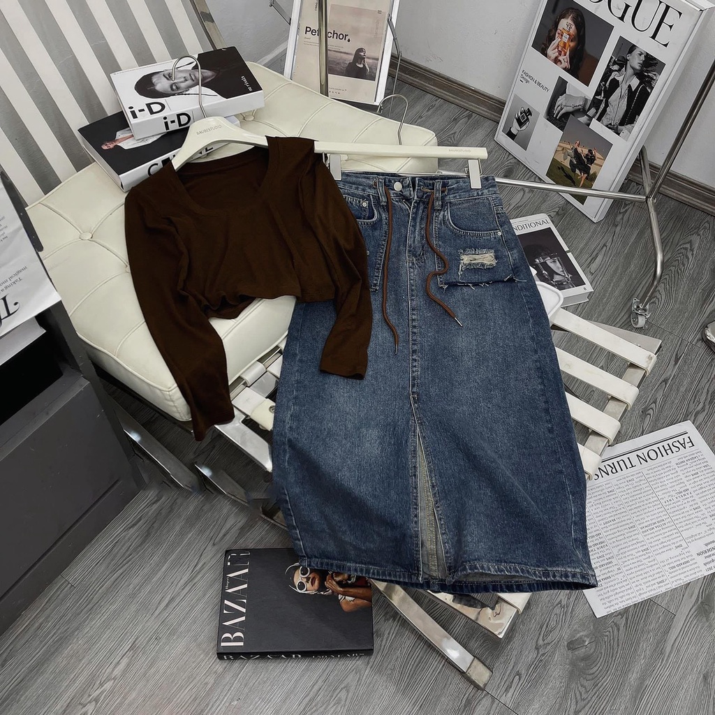 Váy Jeans Mix Dây Nâu Lưng Cao Cực Tôn Dáng, Form Chuẩn, Chất Vãi Dày Dặn