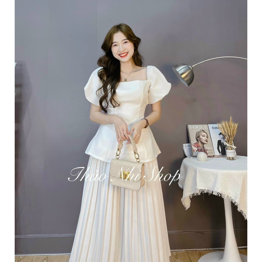 Set Bộ Nữ Đi Chơi Đầm Xếp Ly Dáng Xòe Kết Hợp Áo Tay Phồng Cổ Vuông Mặc Siêu Xinh NEW UNISEX
