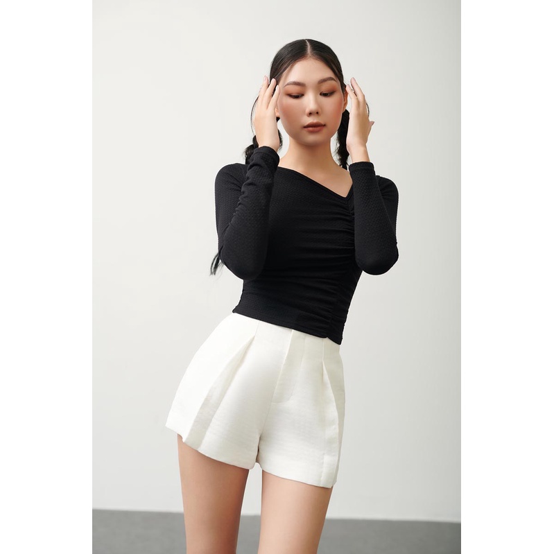 Áo thun tay dài cổ lệch nhún dọc thời trang GAGO màu đen GA4283