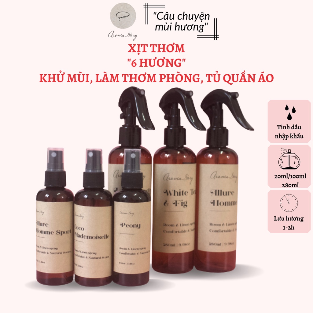 Tinh Dầu Xịt Thơm, Nước Hoa Xịt Thơm Phòng, Quần Áo Aroma Story Nhiều Hương Size 20ml/100ml/280ml