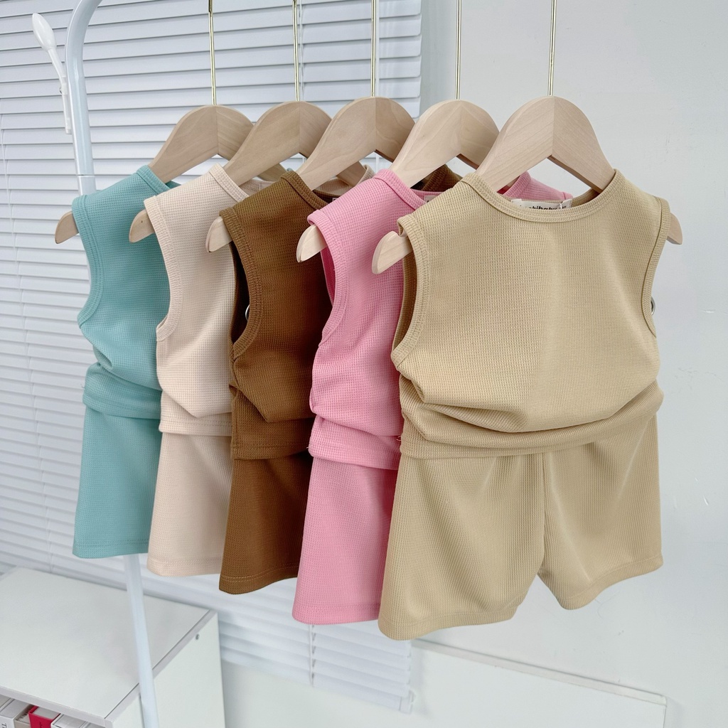 Bộ quần áo ba lỗ bé gái, bé trai kimchibaby vải tổ ong mềm mát bảng màu - ảnh sản phẩm 3