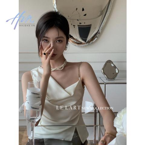 Chính Hãng Cao Cấp Áo Dây Xích Xẻ Tà Xếp Ly Lệch Vai Phối Xích Phong Cách Pháp ins Cho Nữ