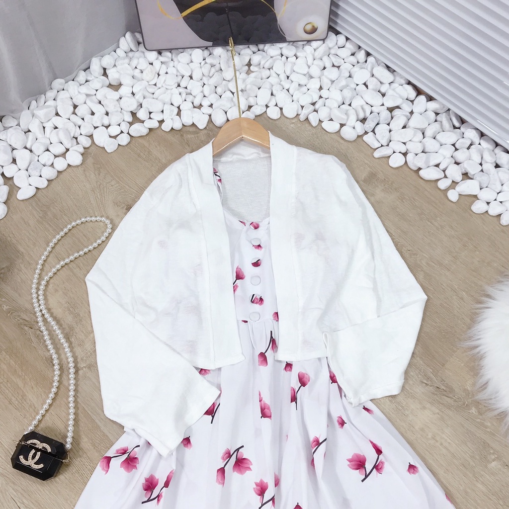 Váy 2 dây - Váy hoa nhí 2 tầng kèm áo cadigan, Có mút ngực, Chất vải lụa cao cấp, Thích đi biển dạo phố