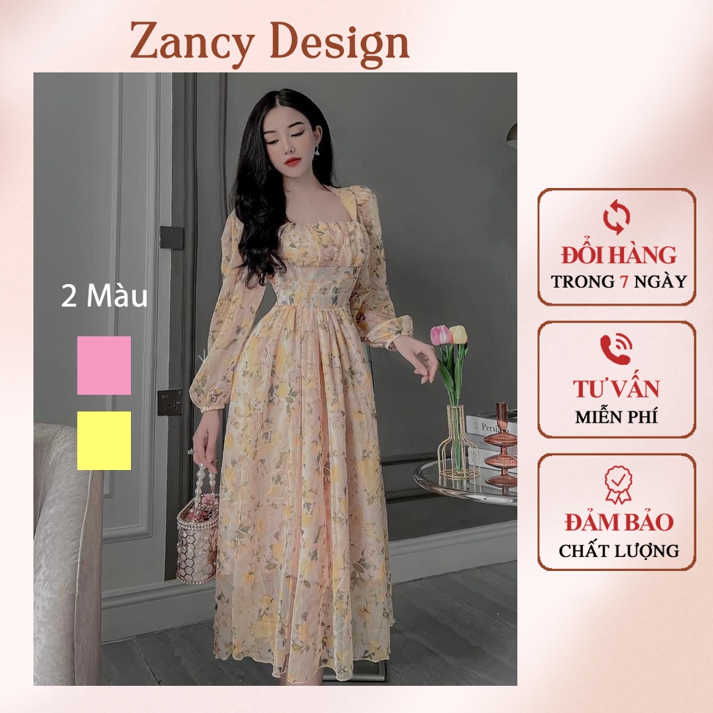 Đầm hoa maxi đi biển đi tiệc tay dài, váy nữ xòe dáng dài cổ vuông đi chơi dự tiệc Zancy HTDA005