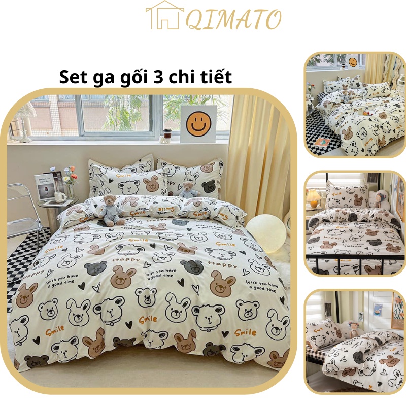 Sét ga gối 3 chi tiết chất poly cotton mẫu gấu trắng nâu HAPPY SMILE Qimato
