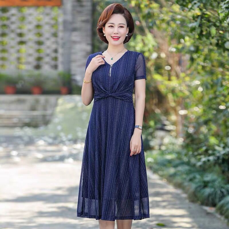 Váy ngắn tay mùa hè của mẹ, quần áo phụ nữ trung niên cho 40-50 tuổi