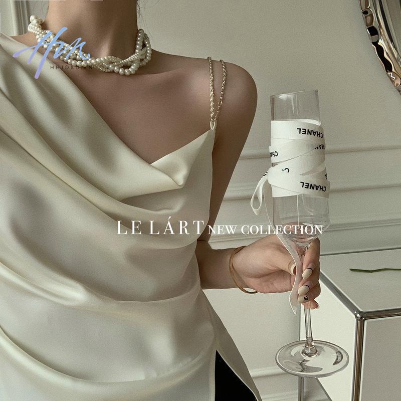 Chính Hãng Cao Cấp Áo Dây Xích Xẻ Tà Xếp Ly Lệch Vai Phối Xích Phong Cách Pháp ins Cho Nữ