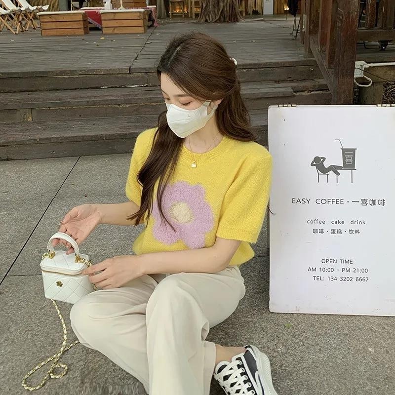 Áo sweater ngắn tay cổ tròn thêu hoa phong cách Hàn Quốc | BigBuy360 - bigbuy360.vn