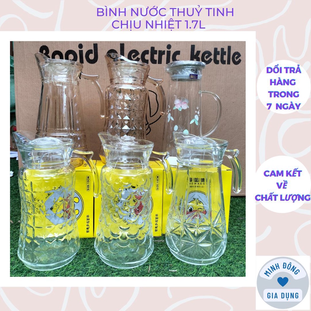 Bình nước thuỷ tinh trong suốt Deli chịu nhiệt 1.7L dày dặn và nhiều loại mẫu mã đẹp