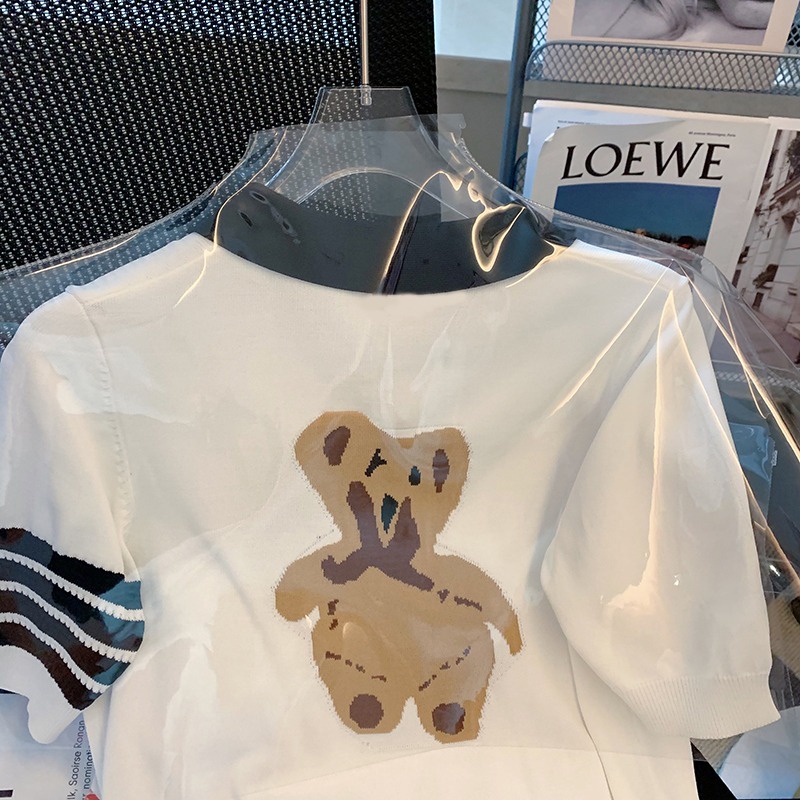 Minimalist Labo Áo thun polo dệt kim tay ngắn thêu hình gấu dễ thương