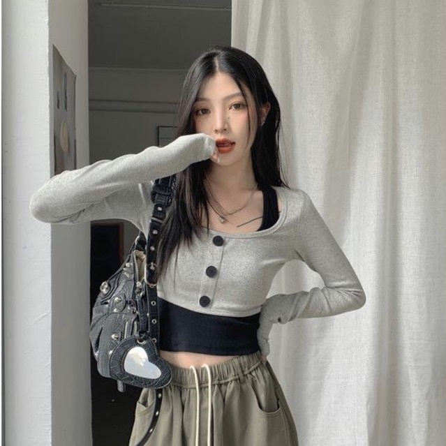 (SẴN - Ảnh thật ở cuối) Set áo Croptop dài tay xám kèm áo trong chất thun tăm dày dặn Hachie