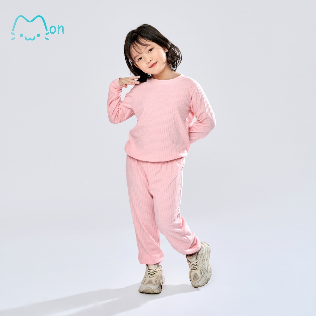 Bộ mặc nhà bé gái dài tay, bộ nỉ bé gái chất liệu thun gân, bo đũa mềm mịn, thoáng mát MonBabies BMNGL22W021