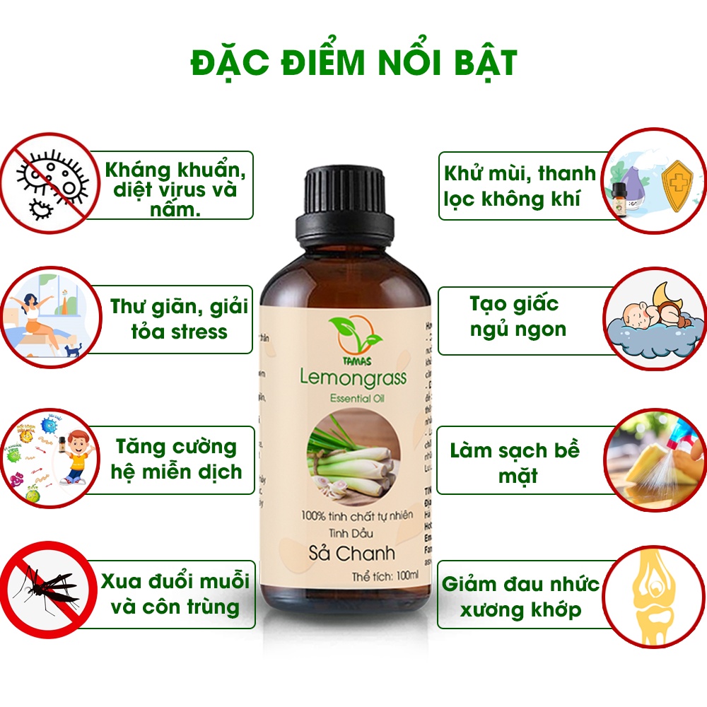 Tinh Dầu Sả Chanh Nguyên Chất TAMAS 50ml/100ml xông phòng thư giãn, khử mùi, đuổi muỗi và côn trùng hiệu quả