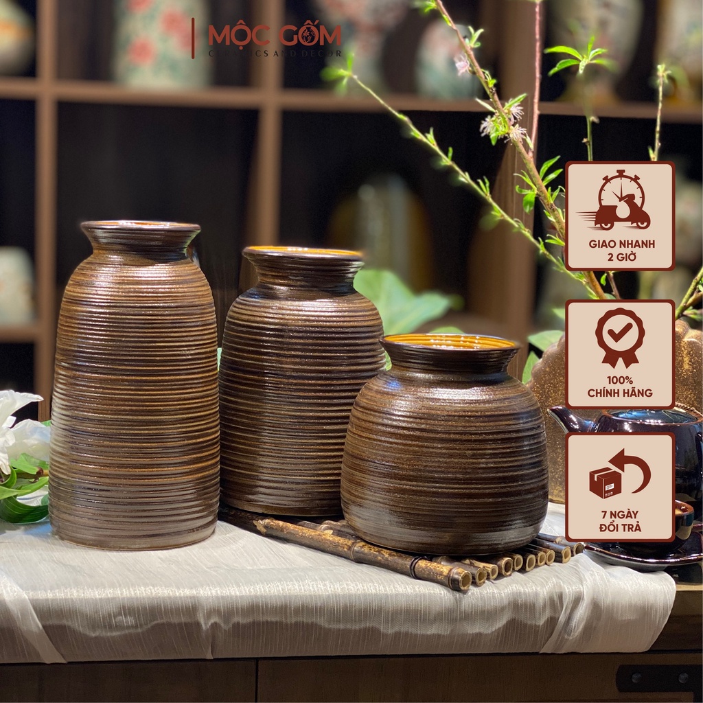 Bình cắm hoa gốm sứ Bát Tràng men nâu mộc vai vuông vintage trang trí phòng khách đẹp Mộc Gốm MG156