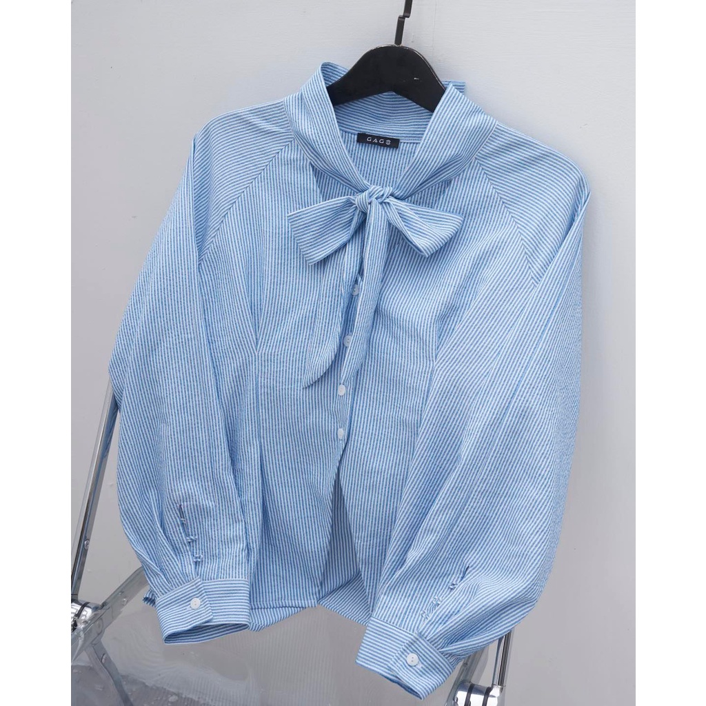 Áo sơ mi cột nơ cổ tay dài xếp ly thân thời trang GAGO hoạ tiết sọc xanh da trời GA4286