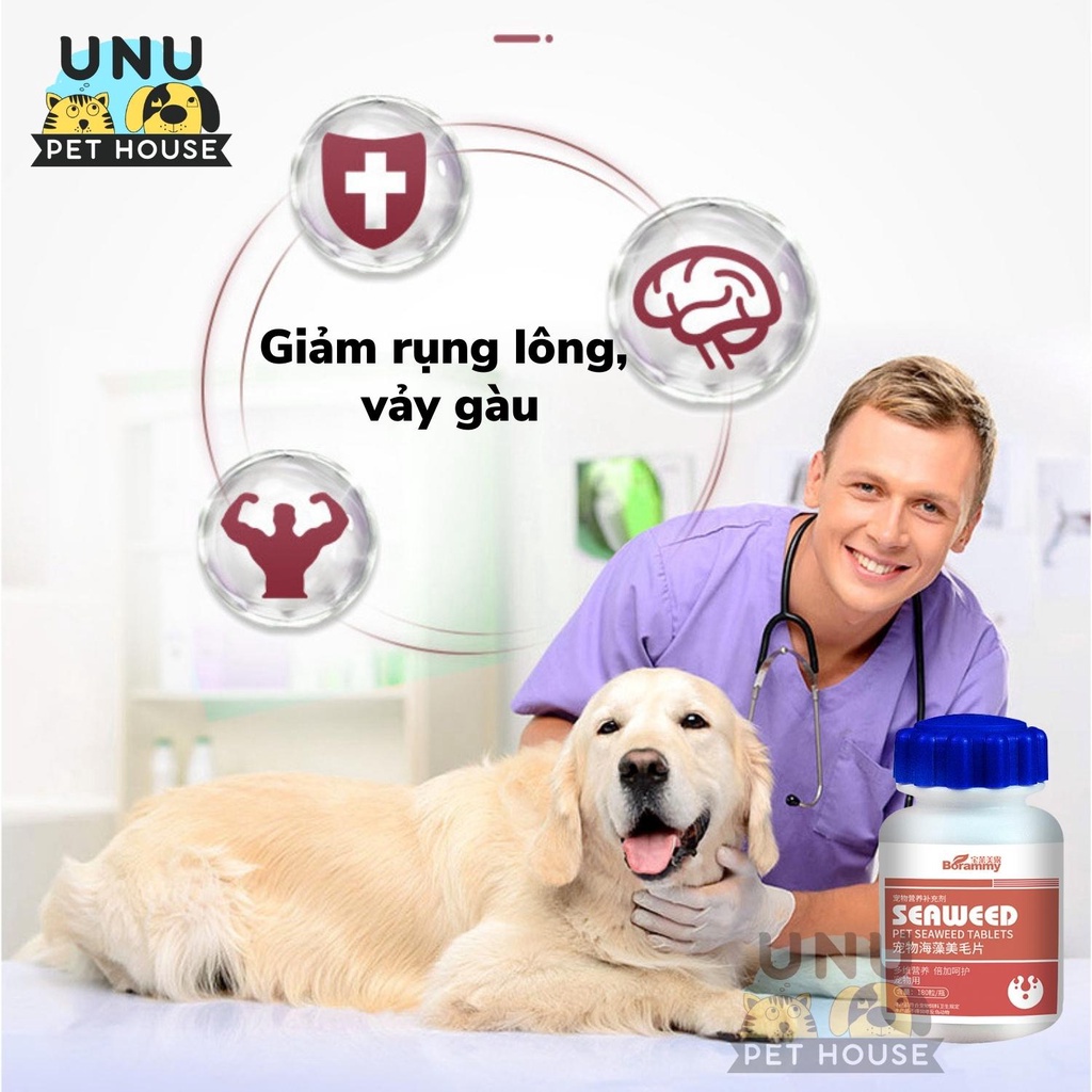 Dưỡng lông cho chó mèo BORAMMY chiết xuất tảo biển, bảo vệ nang lông, dưỡng lông bóng mượt, lọ 180 viên - UNU Pet House