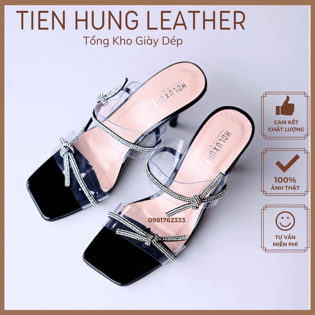 Sandal cao gót hai quai dây mê ca phối dây đính đá, dép guốc gót nhọn cao 7cm thời trang Tiến Hùng TH1009