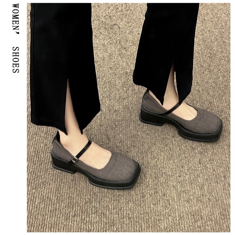 Giày búp bê nữ mũi vuông đế cao 5cm có quai khoá cài