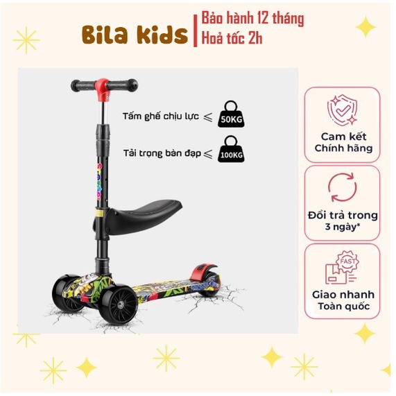 Xe trượt scooter cho bé Graffiti BILA KIDS có ghế ngồi, nhạc đèn vui nhộn, chòi chân, bánh xe phát sáng vĩnh cửu
