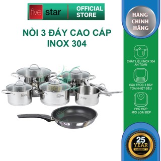 Combo Bộ nồi inox 304 và chảo chống dính cao cấp Fivestar Plus 6 món nắp kính , 3 đáy dùng được mọi bếp
