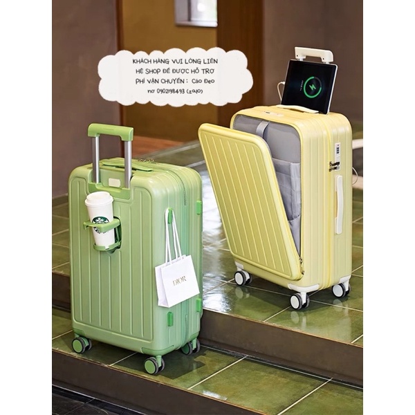 Vali khoá kéo đa năng có ngăn phụ đựng máy tính, phụ kiện ổ cắm USB, khay đựng nước- Cáo đeo nơ