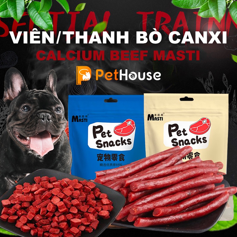 Snack thịt bò bổ sung canxi cho chó (que/viên) Masti (500gr/túi) - Bánh thưởng cho chó mèo thú cưng