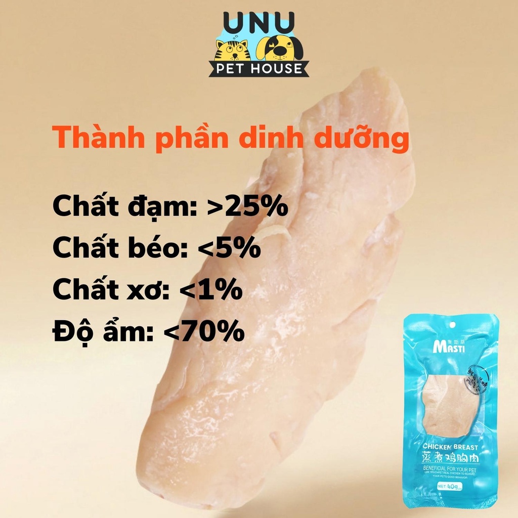 Ức gà ăn liền cho chó mèo được hấp lên từ thịt gà tươi, gói 40gr – UNU Pet House