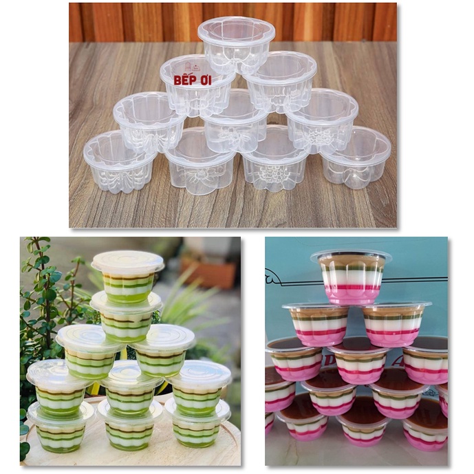 Set 50 Ly nhựa hoa mai kèm nắp đựng rau câu, bánh lạnh
