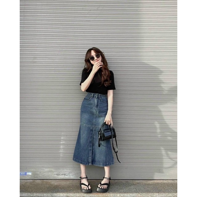 Chân váy Jeans Đuôi Cá Dáng Dài Xẻ Trước Xinh Cá Tính 2023
