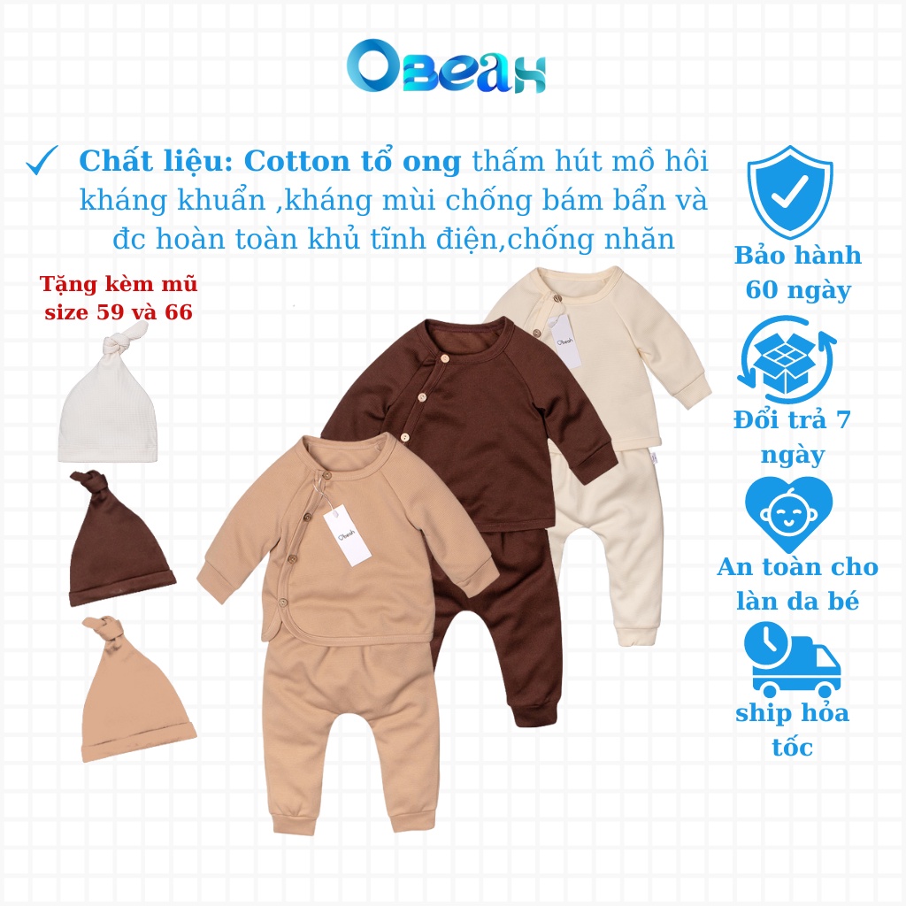 Set body cài chéo chất liệu cotton tổ ong cho bé có mũ cho size newborn