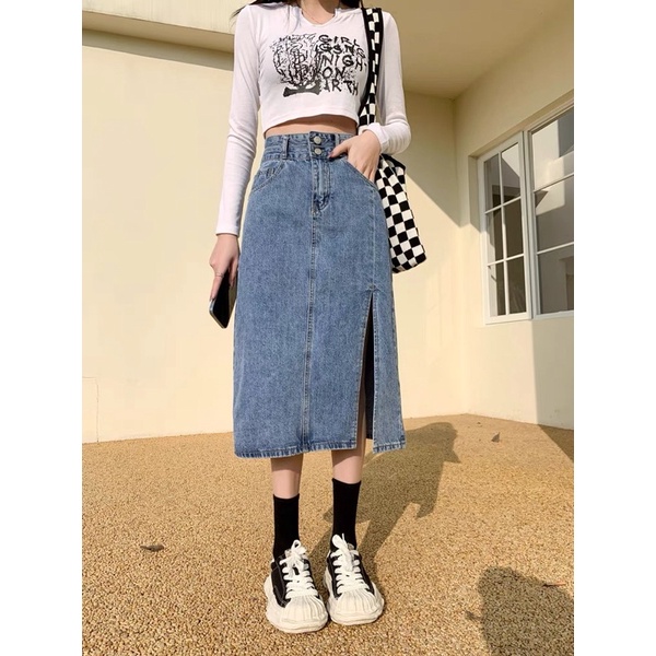 Chân váy bò nữ dáng dài xẻ tà , váy xẻ 2 màu 2 cúc cúc jeans Chữ A Lưng Cao Thời Trang Cho Nữ kèm ảnh thật