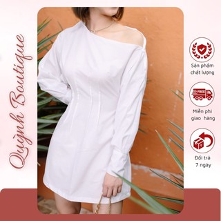 Đầm Sơ Mi Trơn Lệch 1 Vai Cá Tính Trẻ Trung Gợi Cảm - Váy Dáng Chữ A Chất Thô Cotton Co Giãn