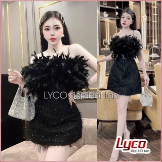 Đầm 2 dây kim tuyến phối lông vũ siêu sang, váy dự tiệc dáng xòe cap cấp